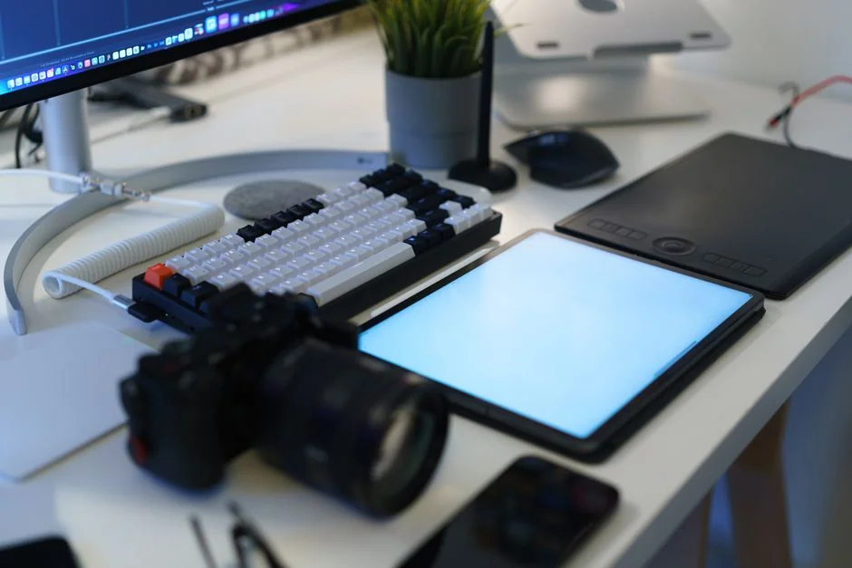 A modern workspace featuring dual computer monitors displaying web design projects, emphasizing technology and productivity.